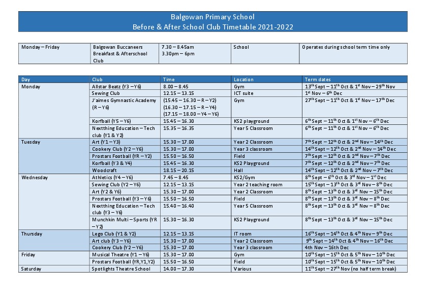 Balgowan Primary School Club Timetable NOV 2021   2022