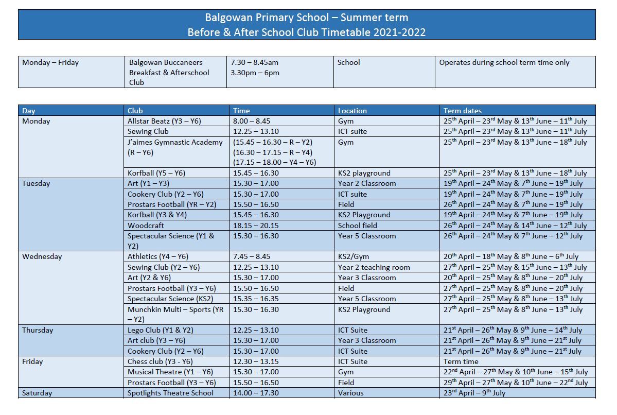 Summer club timetable