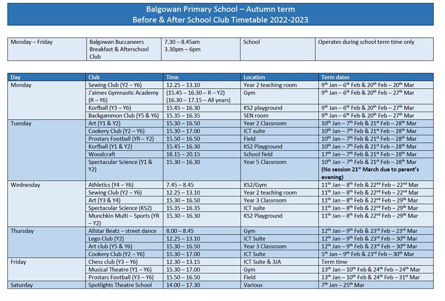 Club timetable spring 23