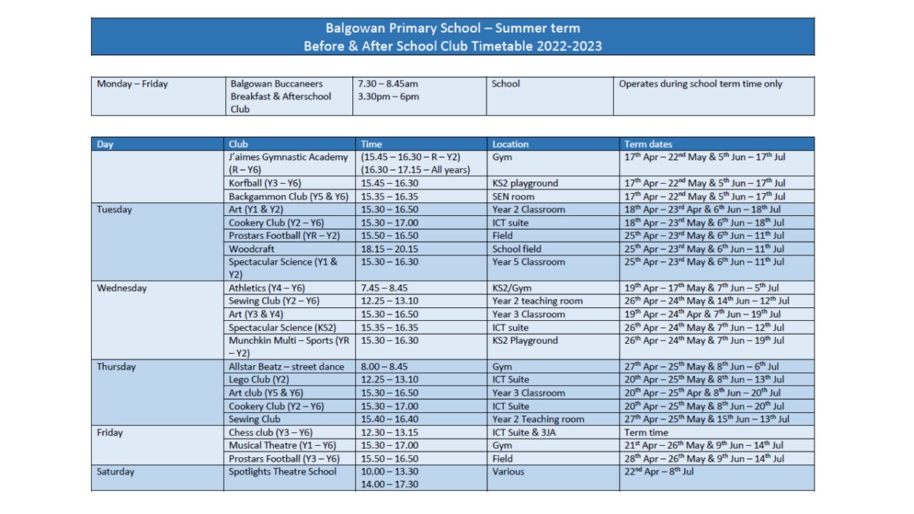 Summer 23 club timetable