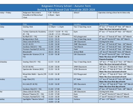 Balgowan Primary School Club Timetable Spring 24