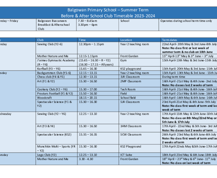 Balgowan Primary School Club Timetable Summer 24